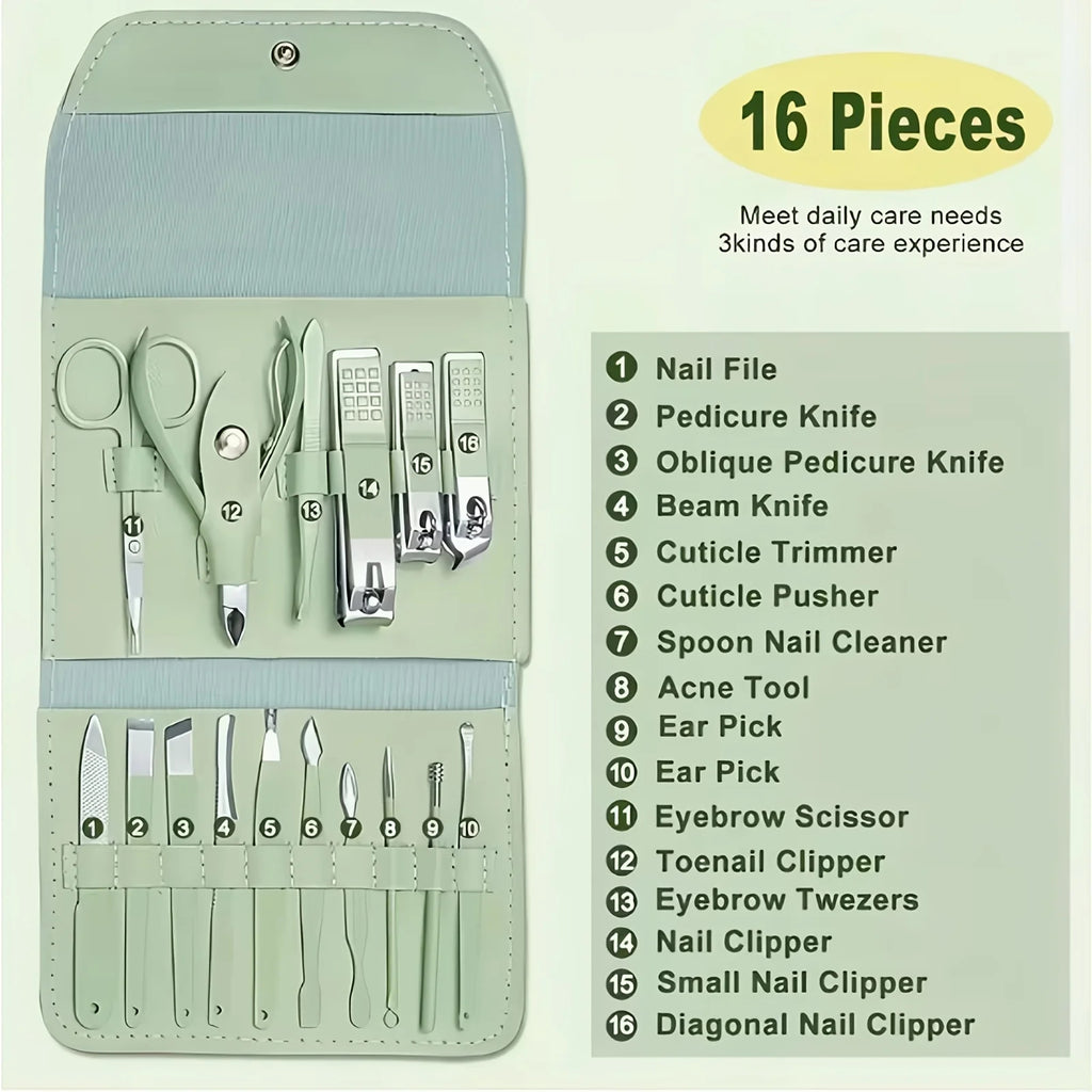 Professional Manicure Pedicure Kit — 16Pcs Stainless Steel Nail Care Set with Storage Bag
