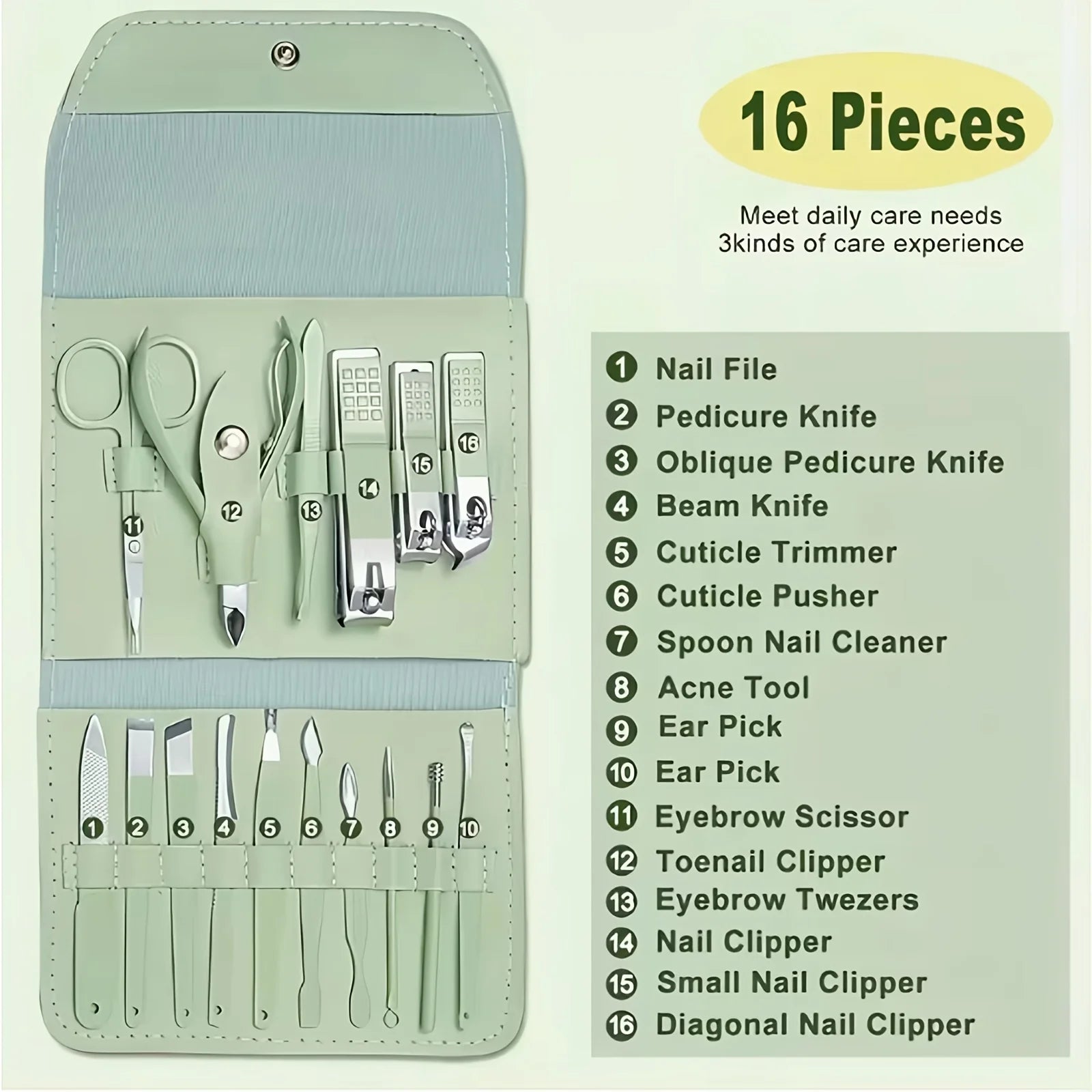 Professional Manicure Pedicure Kit — 16Pcs Stainless Steel Nail Care Set with Storage Bag